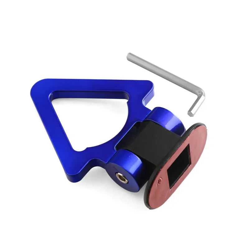 A blue car trailer hook decal set featuring a metal hook and a black mounting piece.