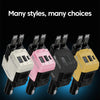 Four different colored 120W multi-port car chargers displayed side by side.