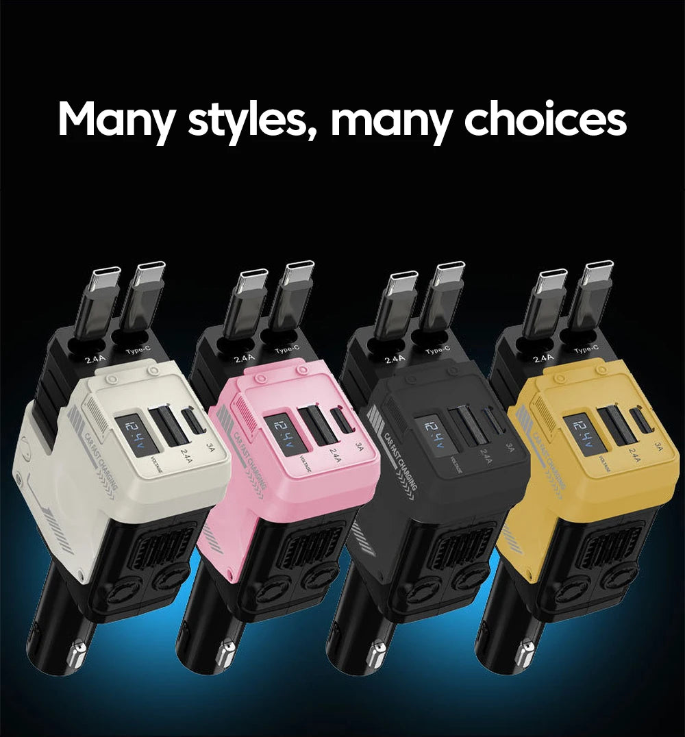 Four different colored 120W multi-port car chargers displayed side by side.