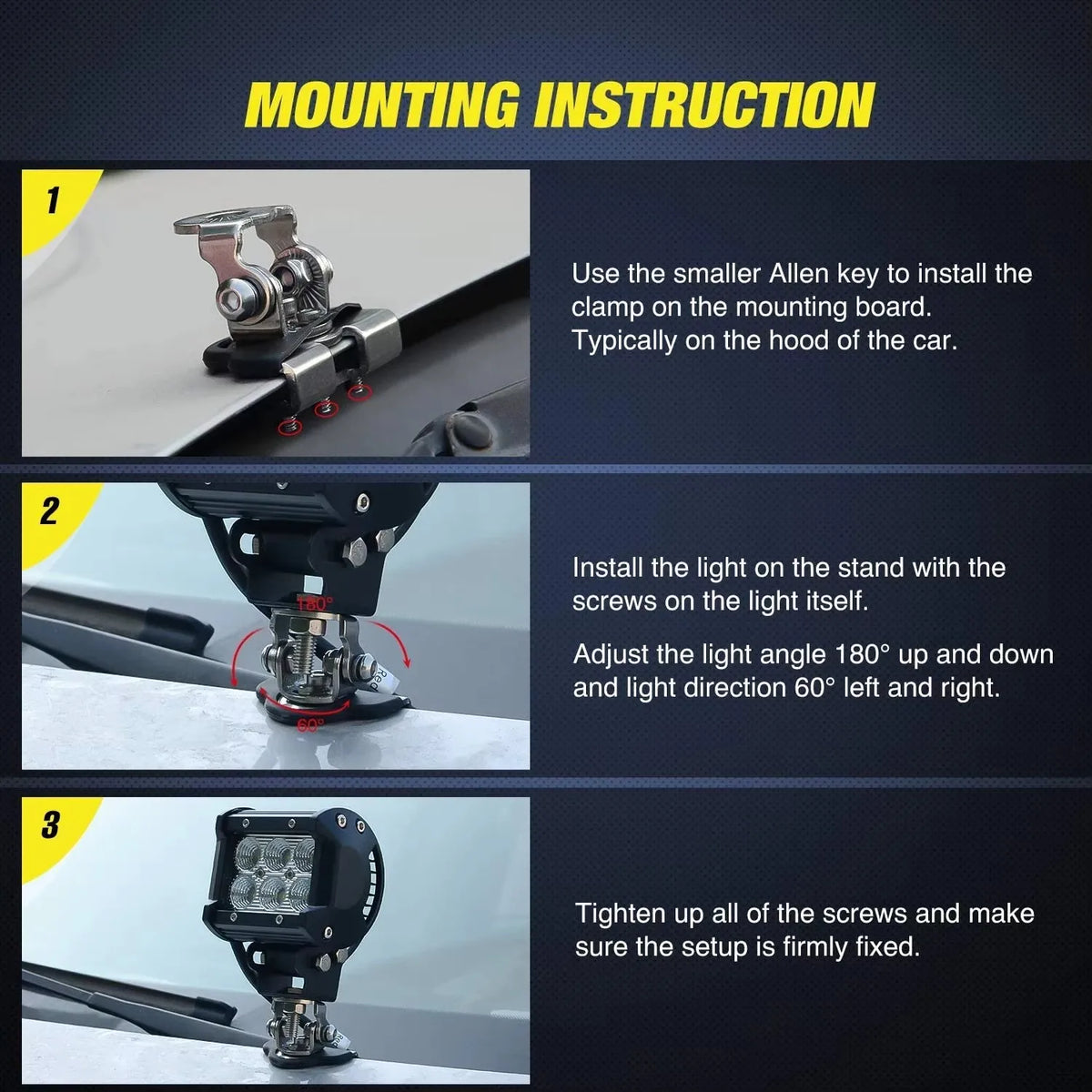 Instrucciones de montaje para instalar clips de montaje LED de acero inoxidable en el capó de un coche y ajustar el ángulo de