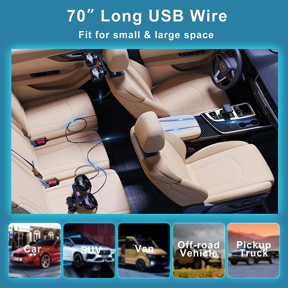 A 70 inch long USB wire for a car cooling fan designed for small and large spaces.