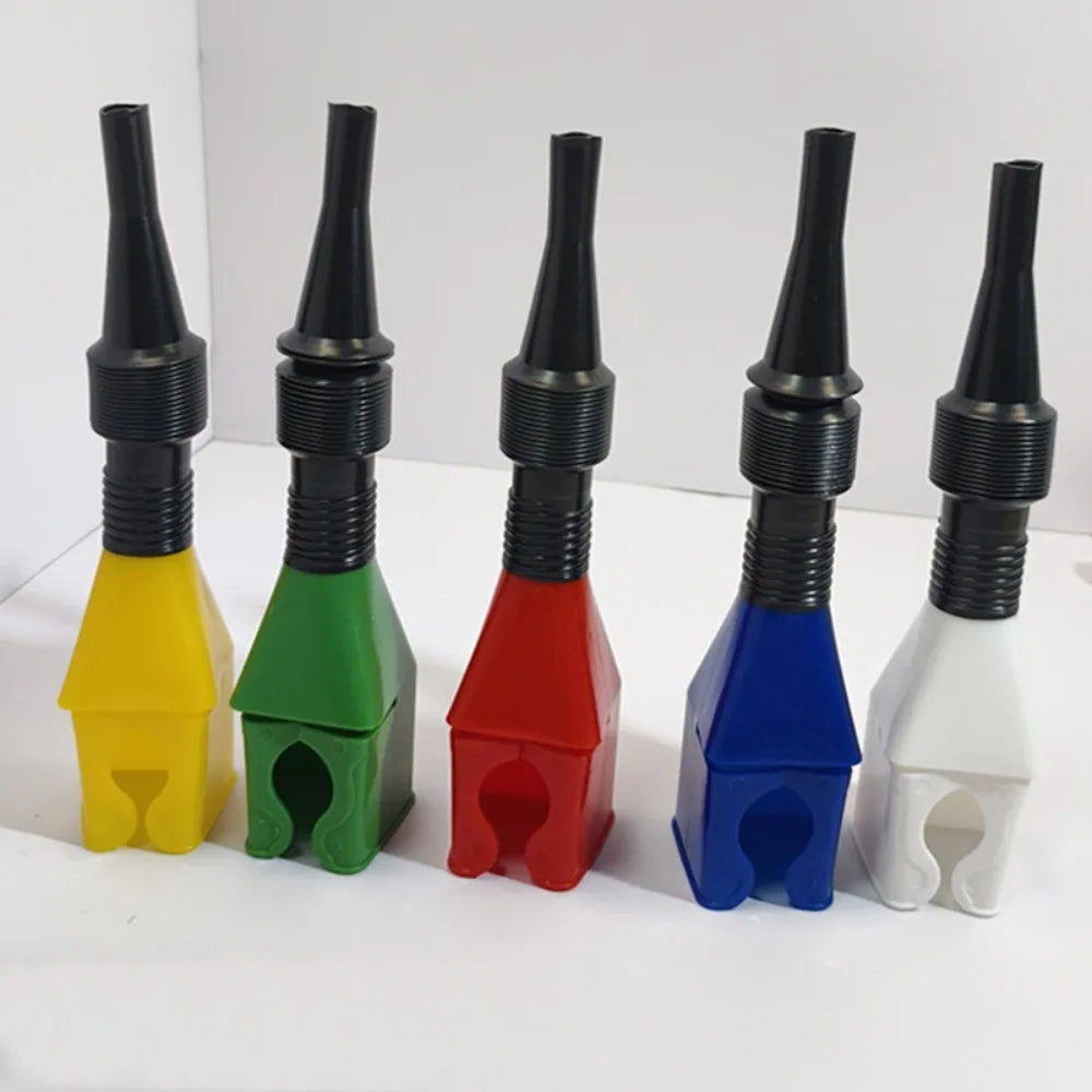 A set of six colorful universal car fuel transfer funnels in various colors arranged in a row.