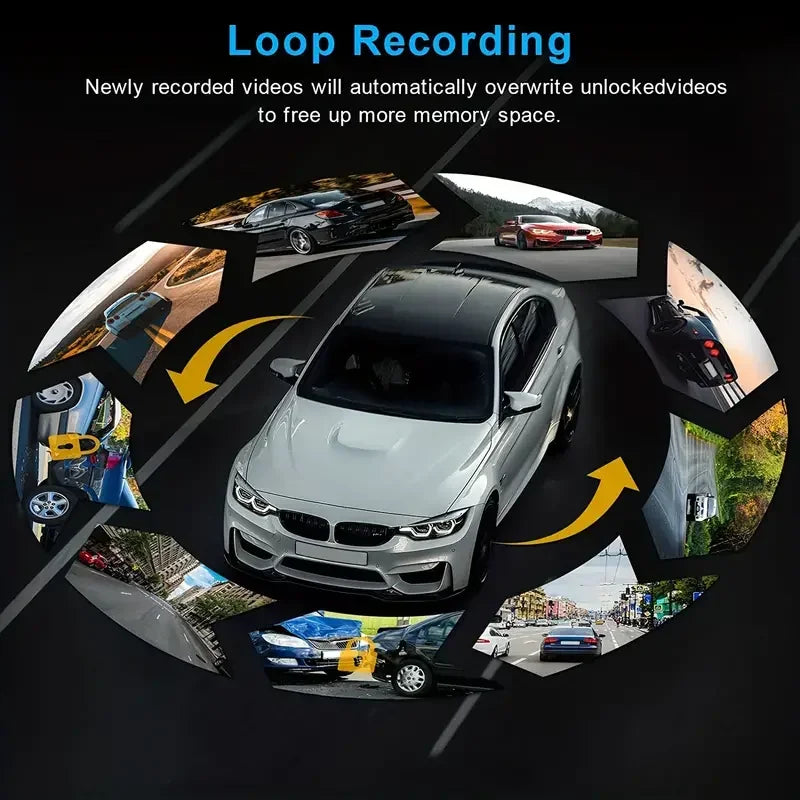 A white car is shown in a loop recording video with various surrounding scenes.