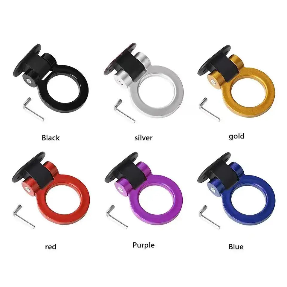 Collection de crochets de remorque pour carrosserie dans diverses couleurs : noir, argent, or, rouge, violet et bleu.