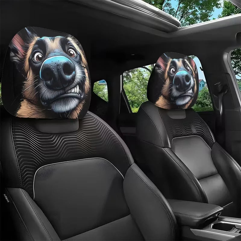 A pair of funny slanted eyes car headrest covers featuring dog faces on black leather seats.