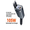 A black retractable car charger with a digital display and 105W output is shown.