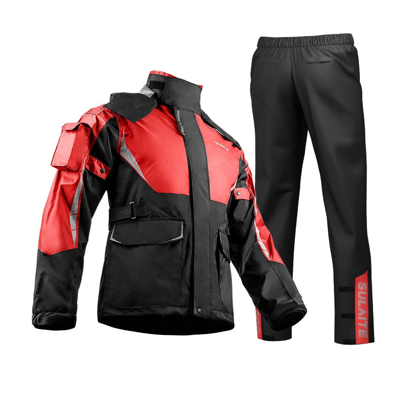 Black and red waterproof outdoor motorcycle raincoat displayed on a mannequin.