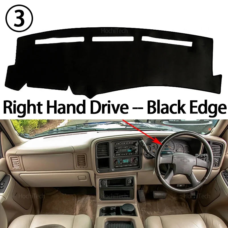 Black edge dashboard cover for a vehicle, shown in the context of a Chevrolet Silverado interior.