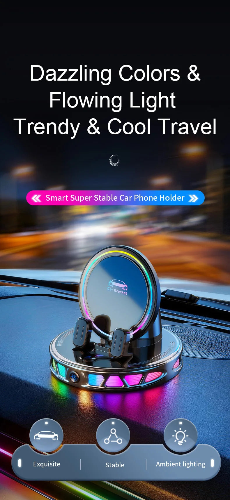 A circular car phone holder with an RGB light is mounted on a car dashboard.