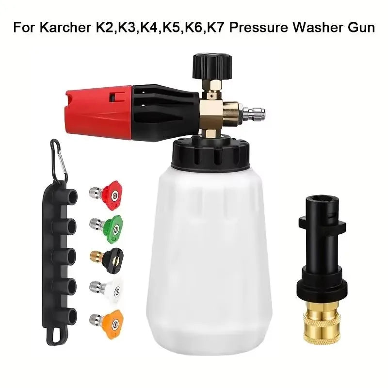 A red and black pressure washer gun with a white spray bottle is shown.