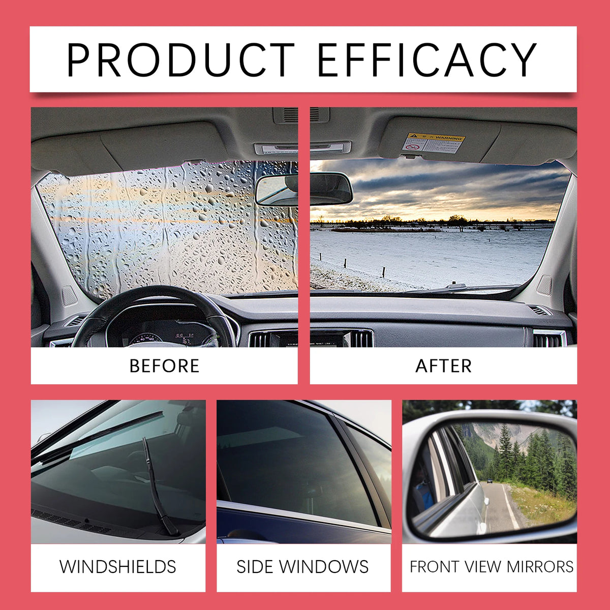 Comparison showing before and after results of a car glass oil film remover on windshields, side windows, and front view mirr