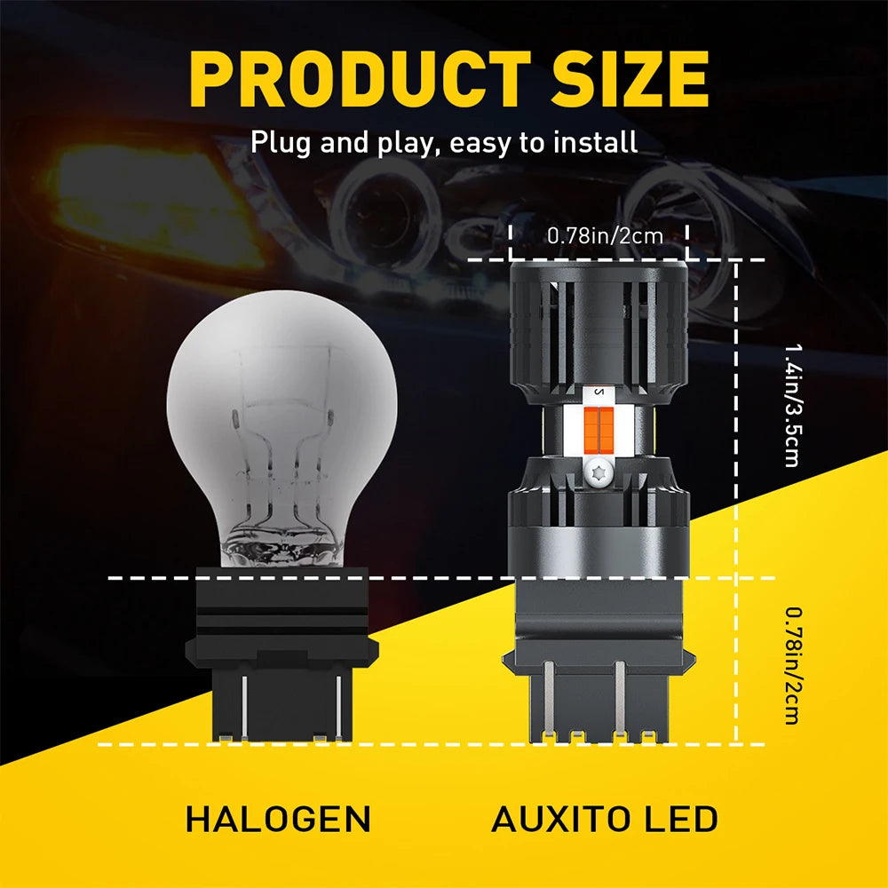 Comparison of a halogen bulb and an Auxito LED bulb for car turn signals.