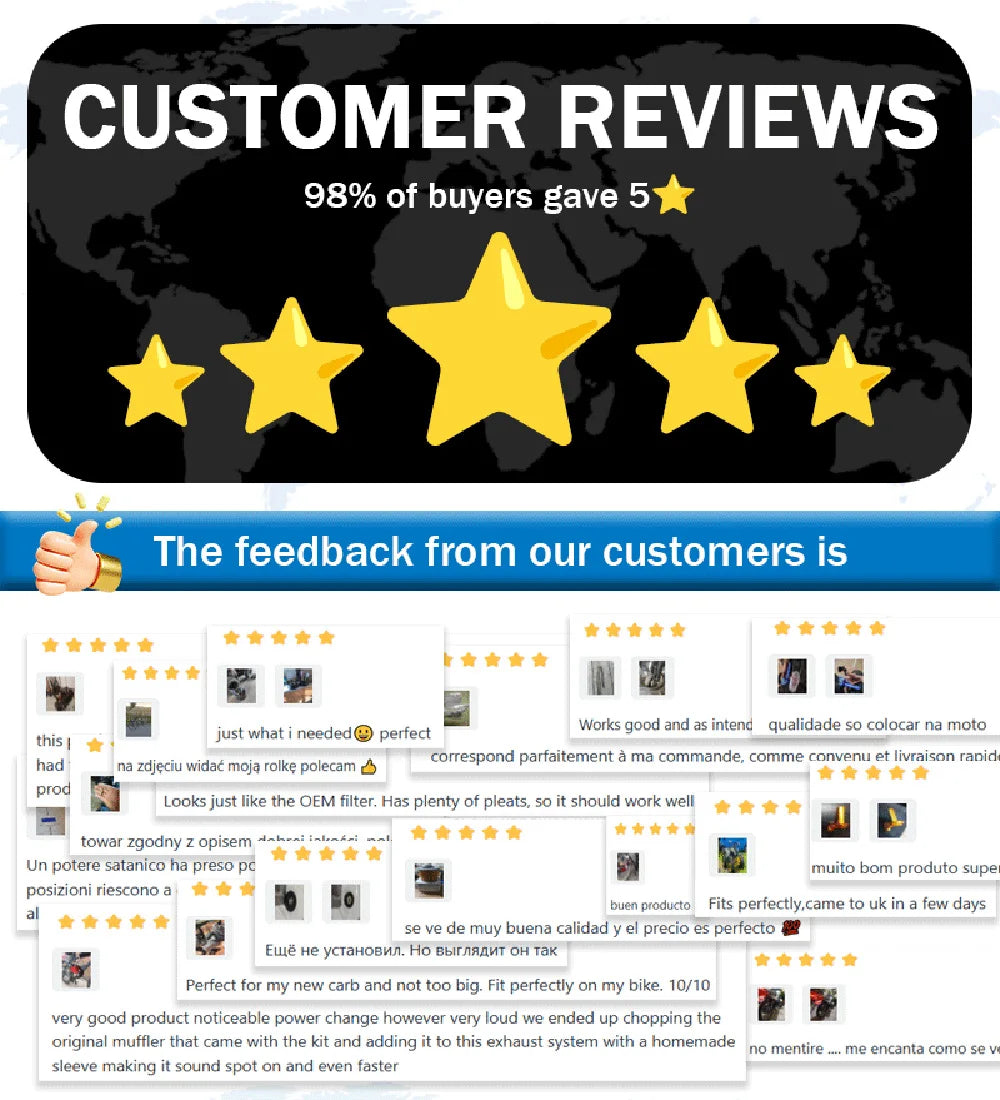 Customer reviews showing 98% of buyers gave 5 stars for a motorcycle front fork guard kit