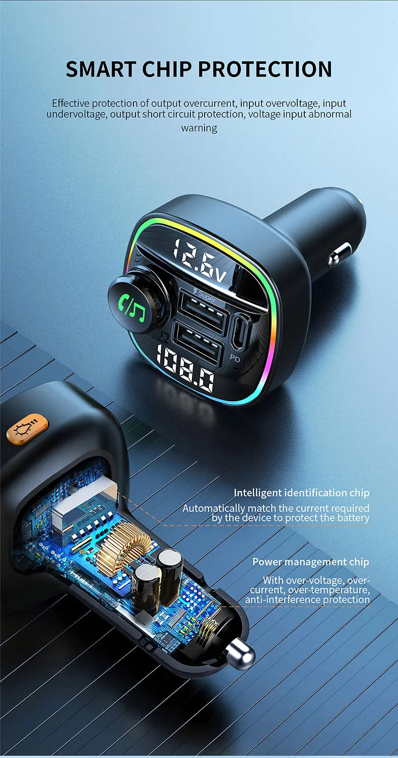 Ein schwarzes Schutzmodul für Smart Chips neben einem Bluetooth-Auto-Audio-Transmitter.