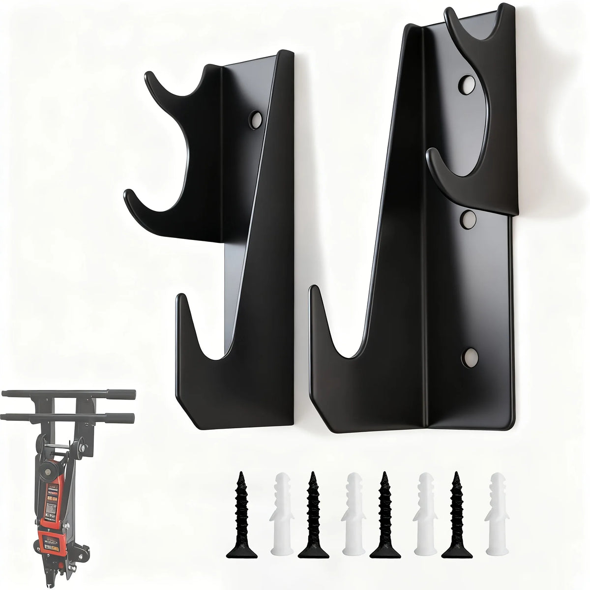 A pair of black heavy-duty metal floor jack stands and several assorted metal and plastic spikes are displayed against a whit