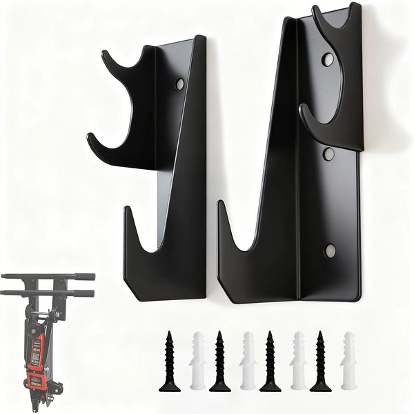A pair of black heavy-duty metal floor jack stands and several assorted metal and plastic spikes are displayed against a whit