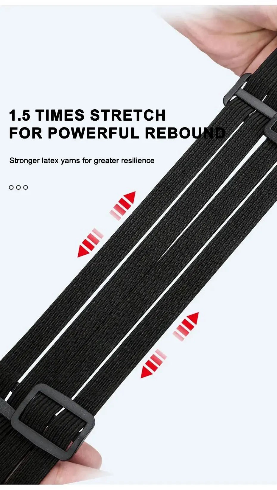 Black heavy duty motorcycle seat strap kit showing the stretched latex yarns for rebound