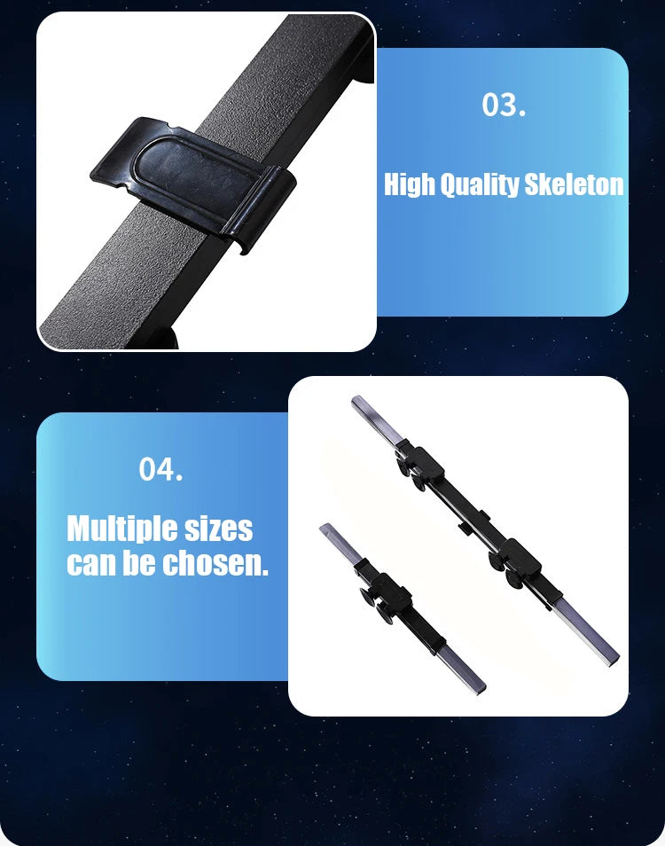Diagram showing features of a retractable car windshield sunshade, including a high-quality frame and multiple sizes.