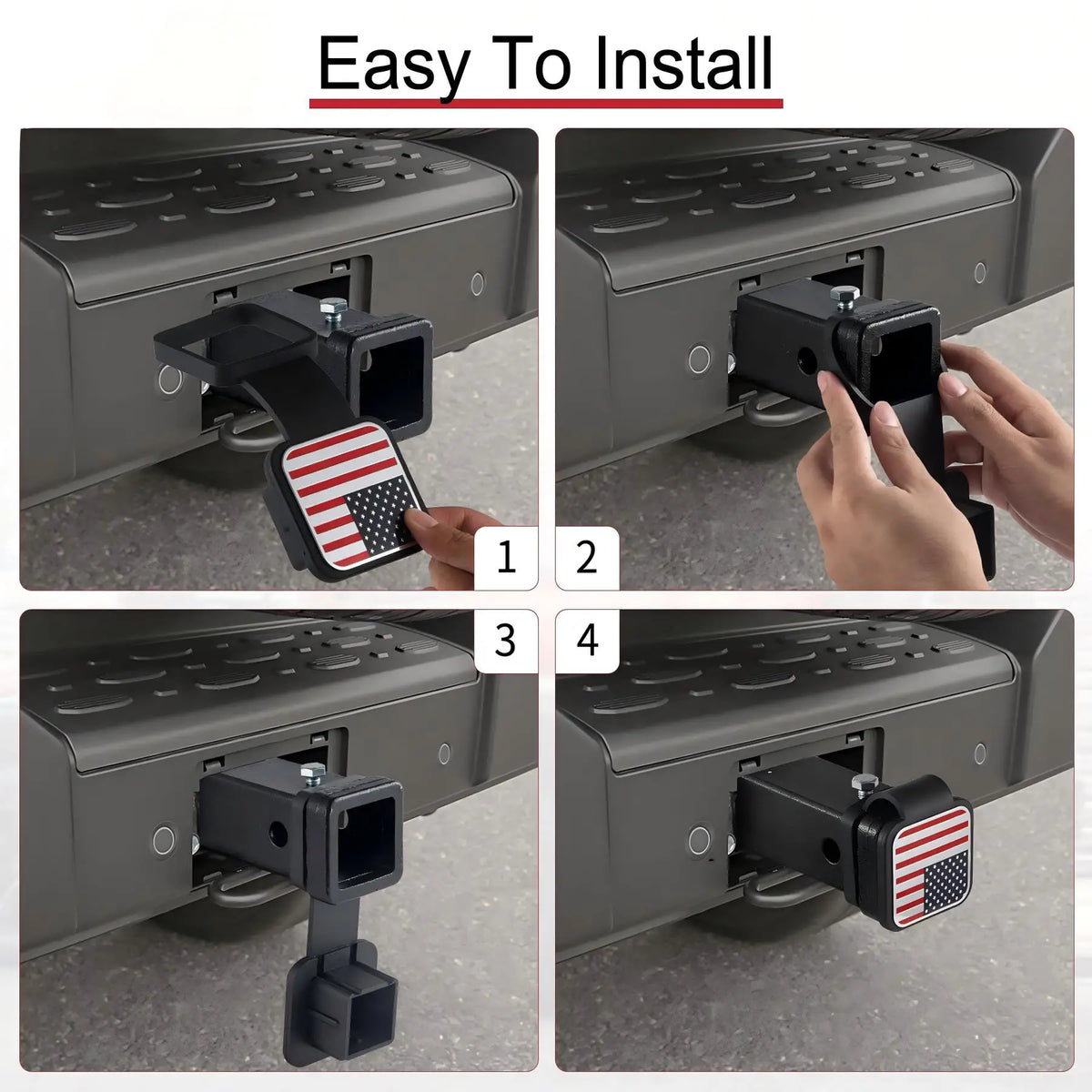 Step-by-step instructions showing how to easily install a universal trailer hitch receiver cover onto a vehicle.