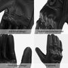 Close-up views of black leather motorcycle and cycling gloves highlighting anti-friction, protective shell, touch screen, and