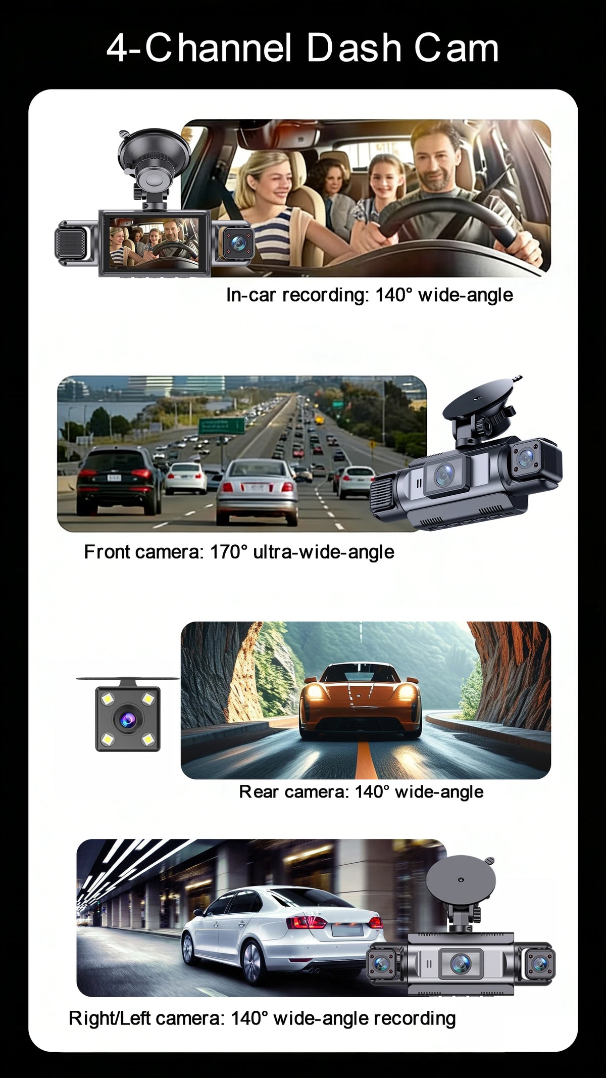 A 4-channel dash cam system showing various camera angles including in-car, front, rear, and side views.