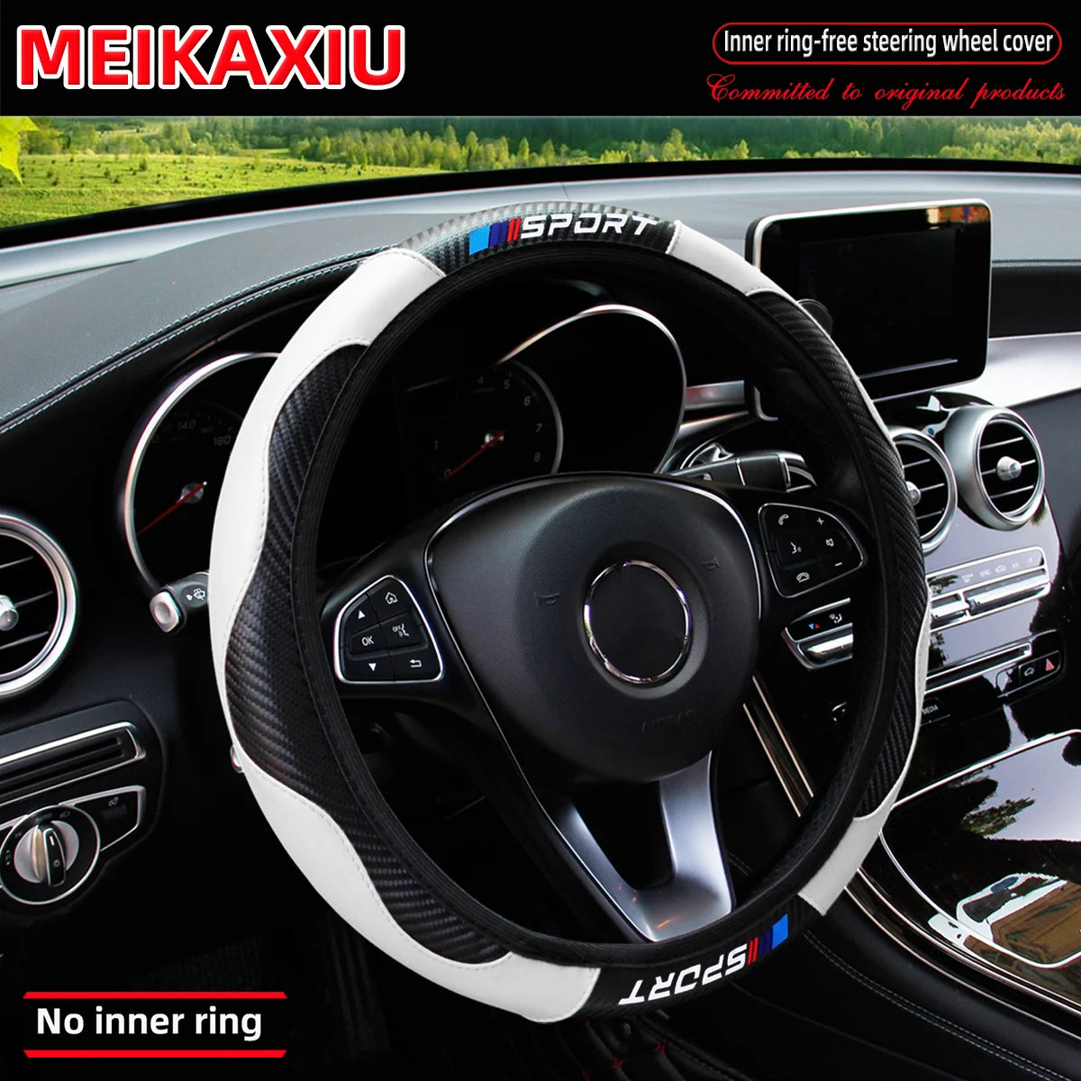 Black steering wheel with white carbon fiber cover and blue Sport logo installed in a car interior.