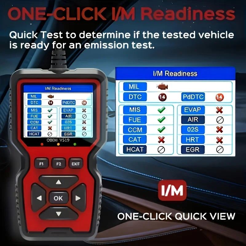 A handheld professional OBD2 diagnostic scanner displaying an I/M Readiness test result screen.
