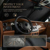 Interior view of a car showing a steering wheel and dashboard with an overlay illustrating protection against sun rays.