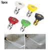 A set of five multi-angle high-pressure water nozzles in white, yellow, and green colors shown against a wet surface.