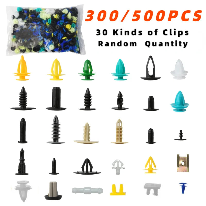 A collection of 30 kinds of metal clips and rivets in various colors and shapes for universal vehicle fasteners.