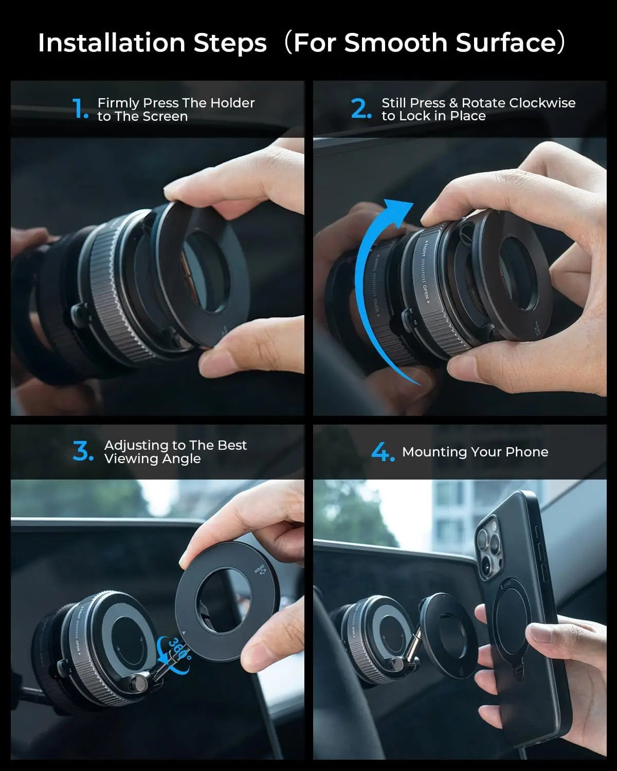 Installation steps for a 360° magnetic phone holder showing how to firmly press, rotate, and mount the device.