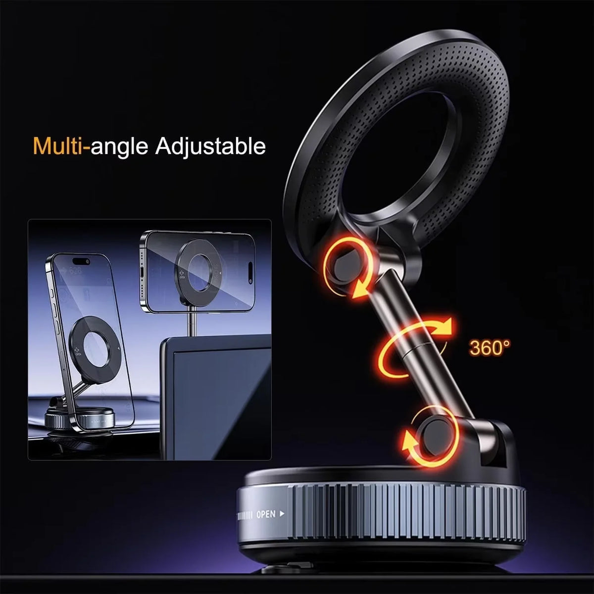 A black multi-angle adjustable 360 degree rotating magnetic phone mount with a silver base.
