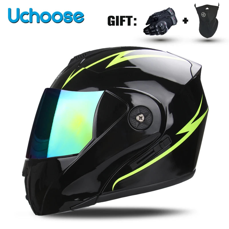 Black Uchoose DOT certified double lens flip-up motorcycle helmet with a black protective mask gift