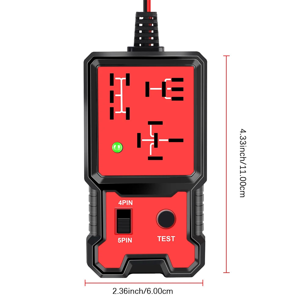 A red universal automotive relay tester device with a black casing and a testing probe.