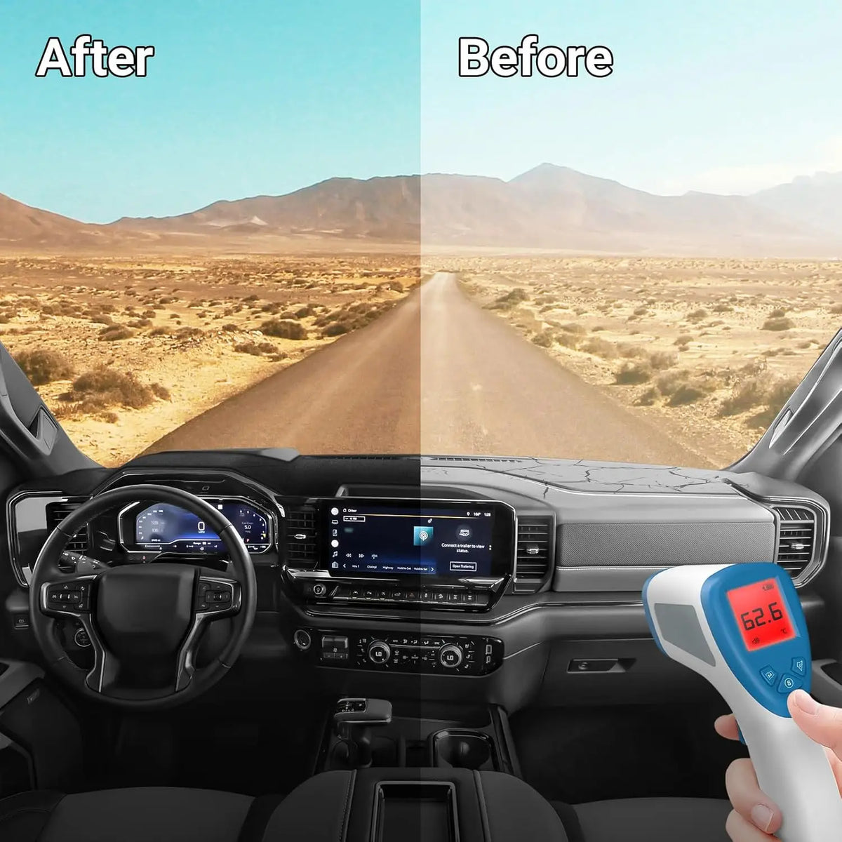 Before and after comparison of a universal dash cover for Chevy Silverado and GMC Sierra vehicles