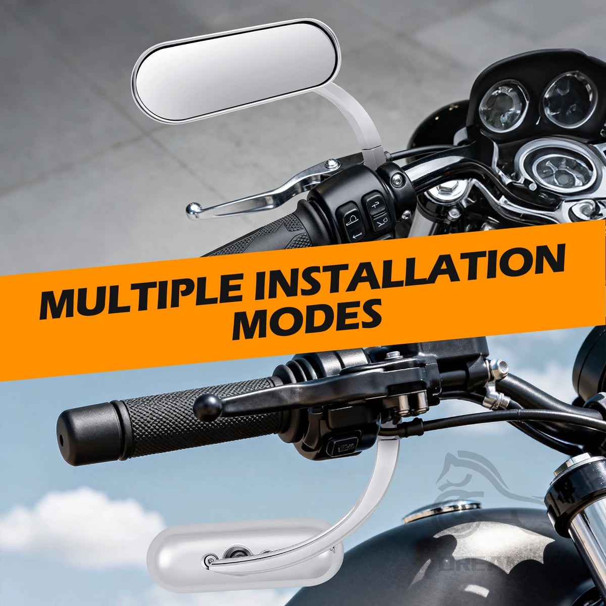 Gros plan d'une poignée de moto avec plusieurs modes d'installation pour rétroviseurs latéraux universels.