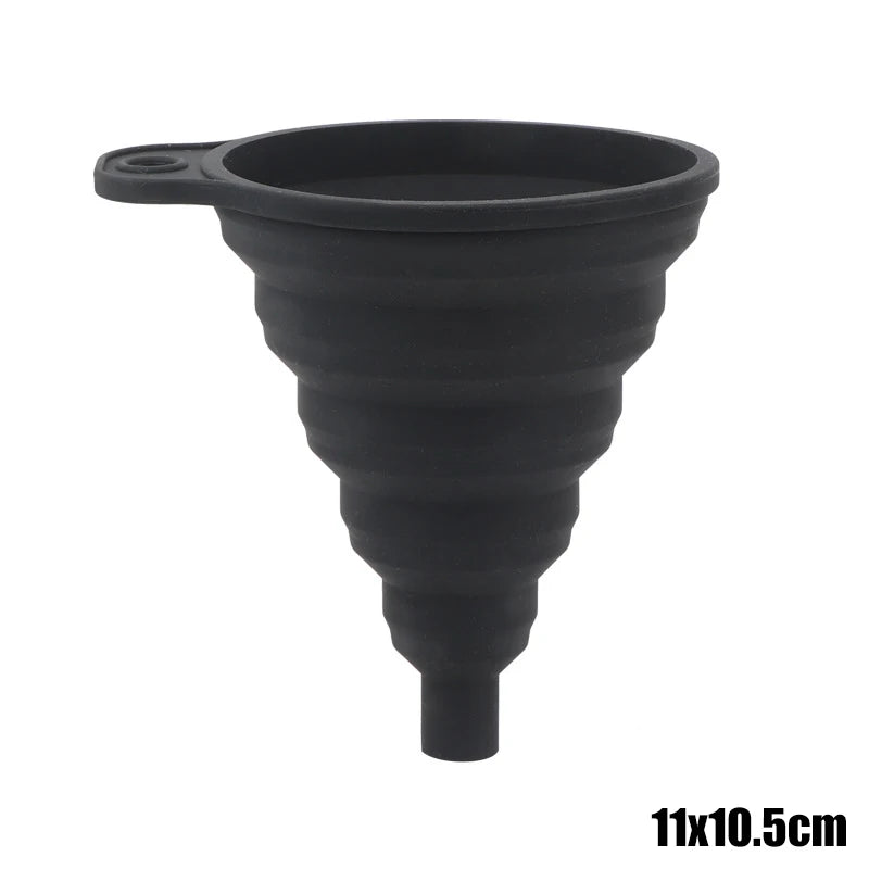 Black silicone funnel with a spout and a narrow tip for pouring fluids