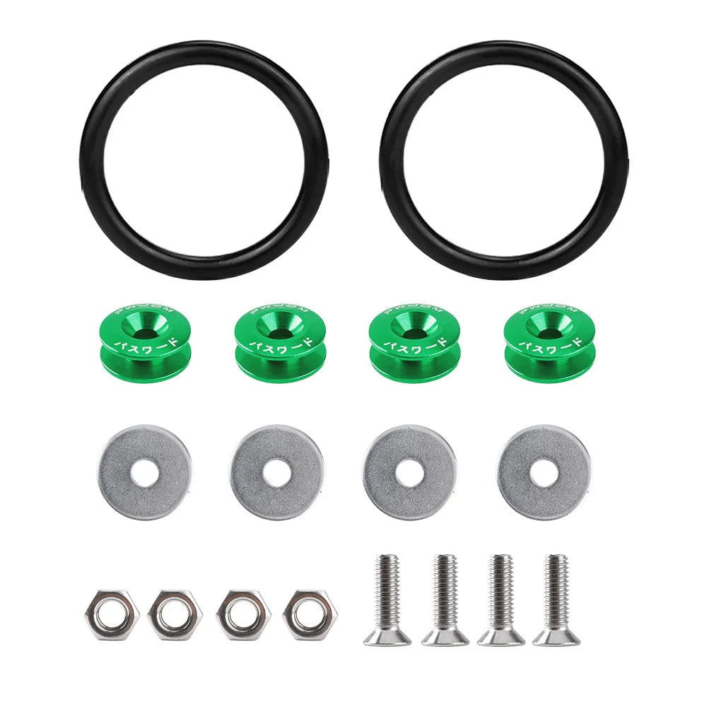 Set of black rings, bolts, and fasteners for quick release applications on bumpers and panels.
