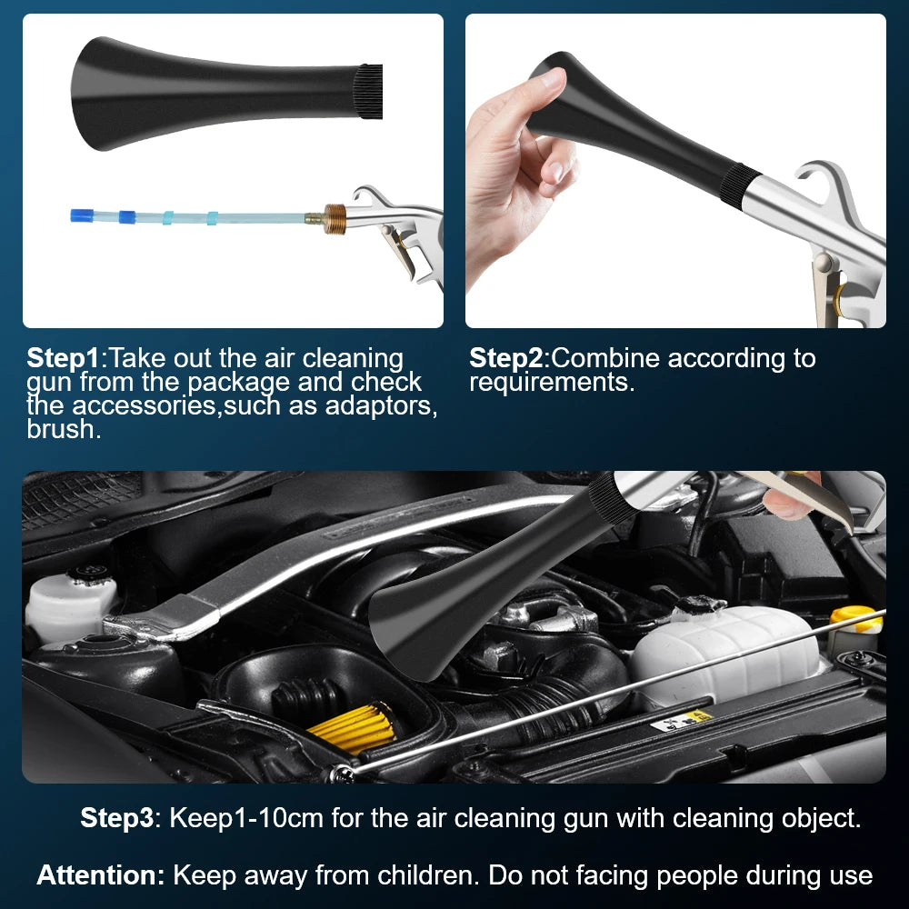 Instructions show how to use a high-pressure air cleaning gun for car detailing.