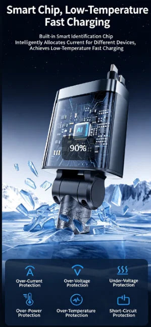 A black smart chip device for low-temperature fast charging, featuring various protection modes.