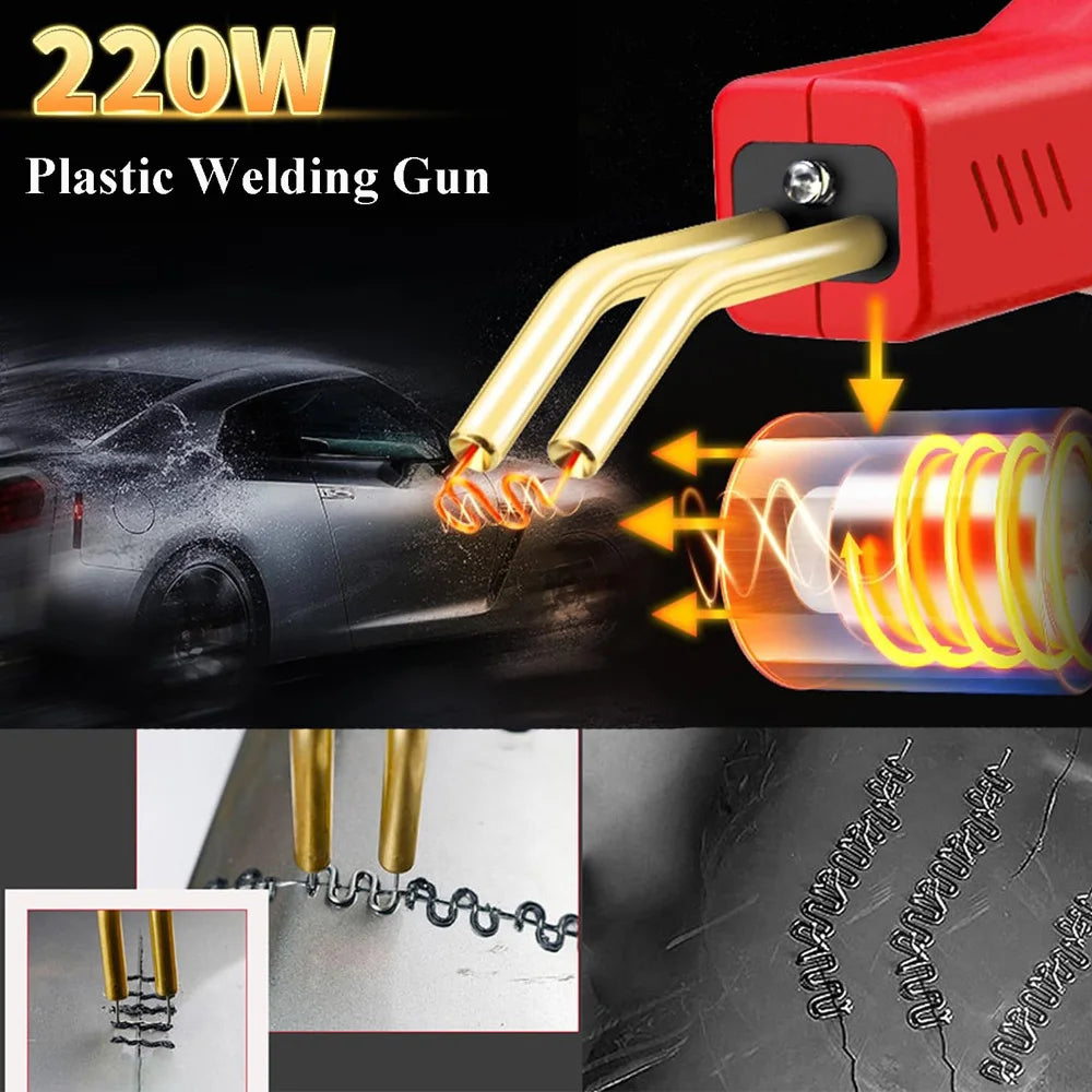 A red plastic welding gun is shown welding a car body, with close-ups of the welding tip and the resulting weld.