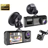 Schwarze 3-in-1 Auto-Dashcam mit Nachtsicht und Loop-Aufnahme mit mehreren Kamerawinkeln.