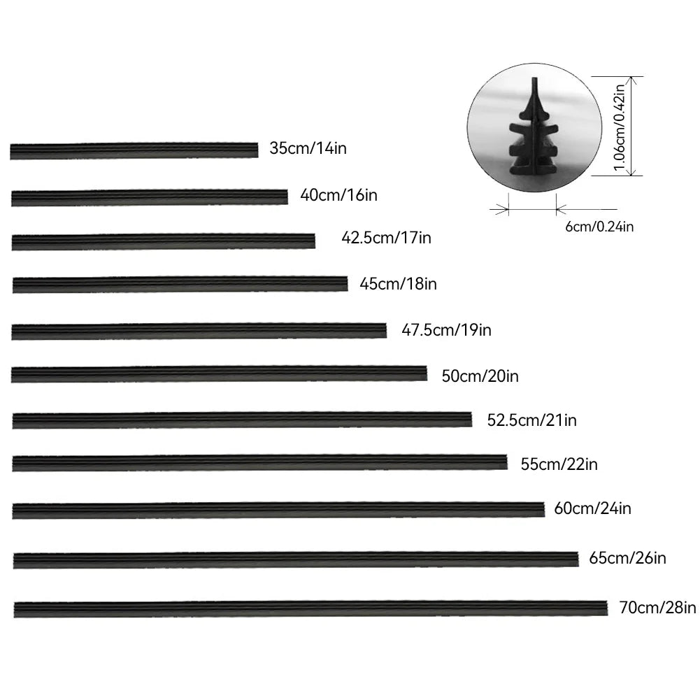 A series of black rubber strips of varying lengths are shown, with a diagram illustrating the size and shape of a windshield 
