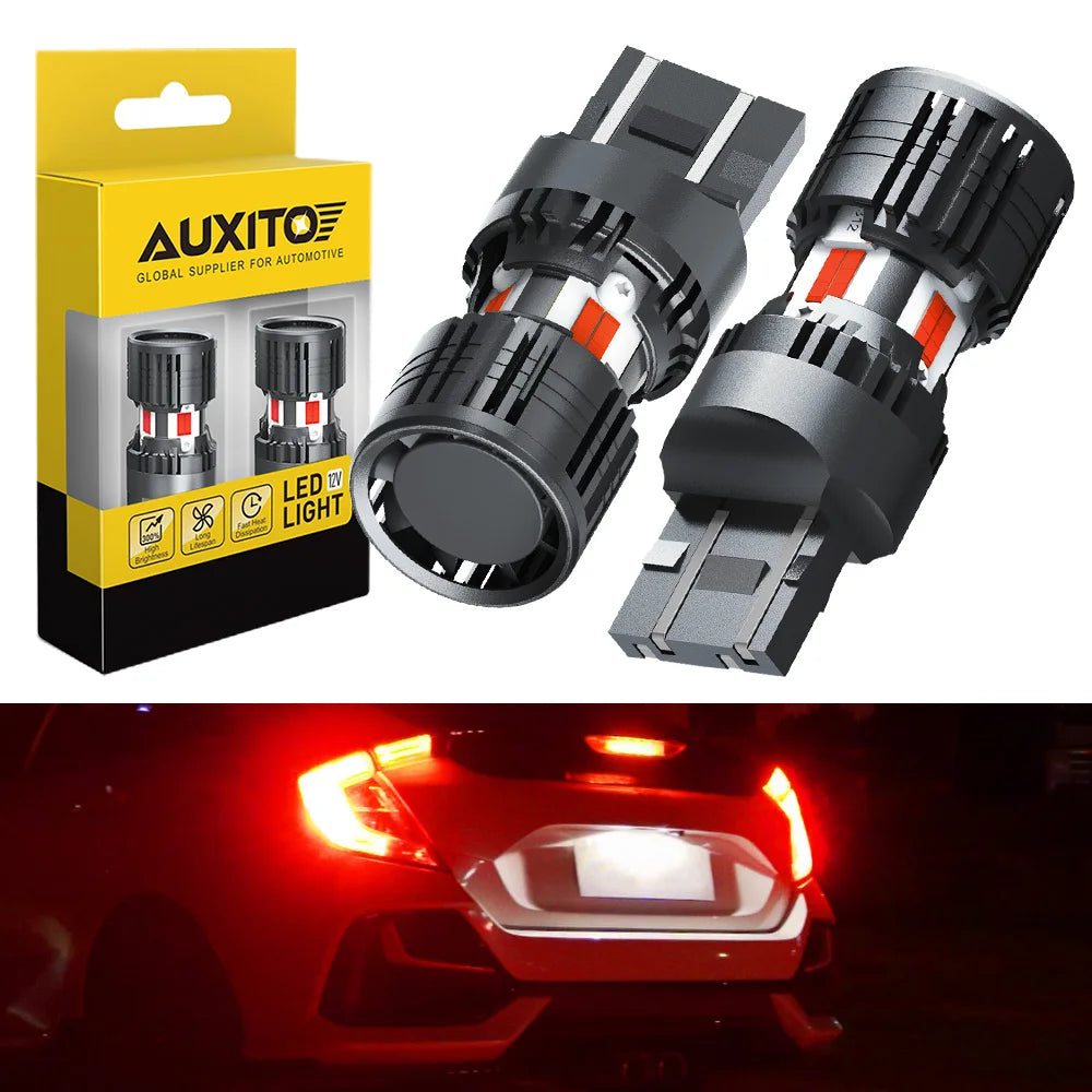 A pair of dual mode LED brake and tail lights for vehicles shown next to their packaging.