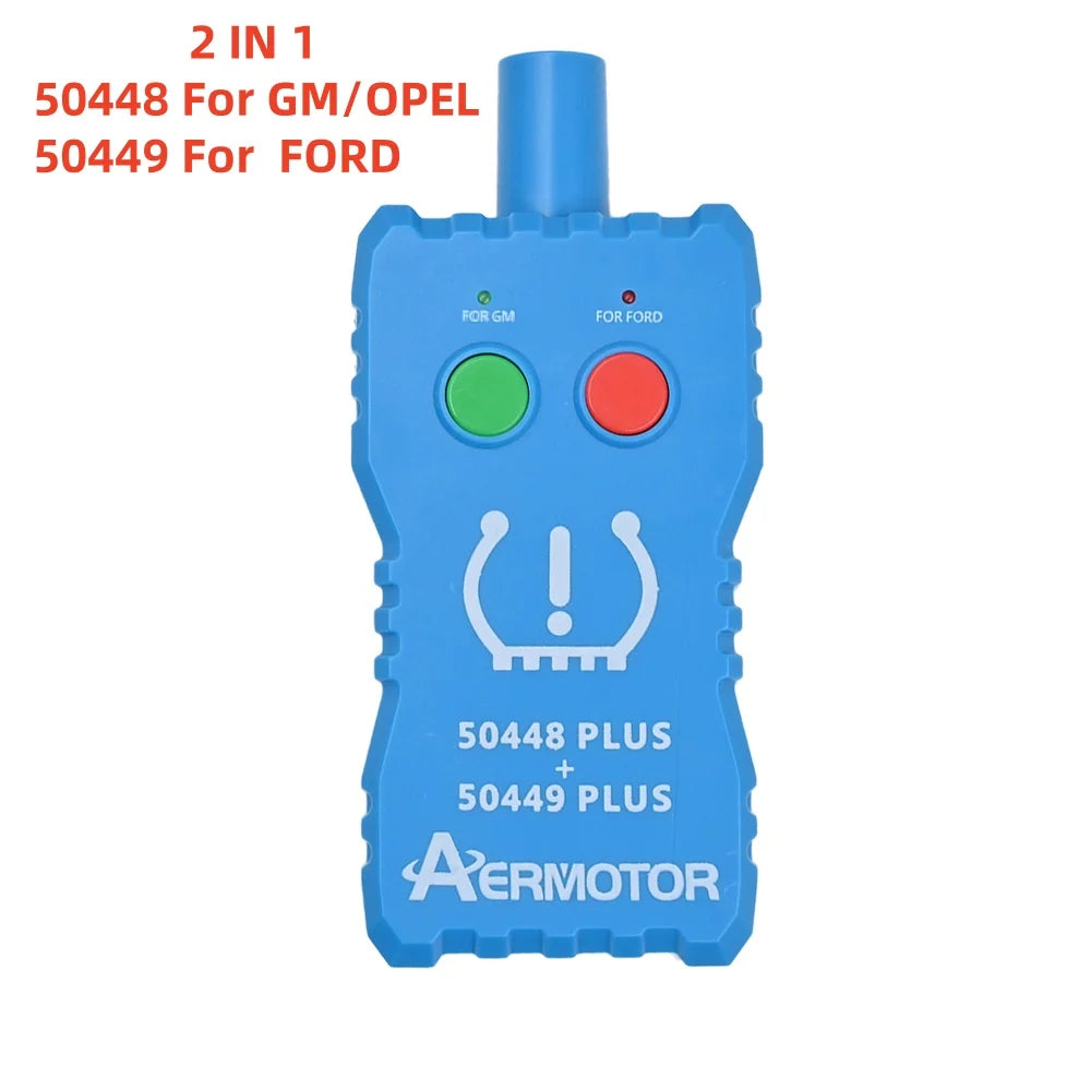 A blue 2-in-1 tire pressure sensor relearn tool for GM/Opel and Ford vehicles.