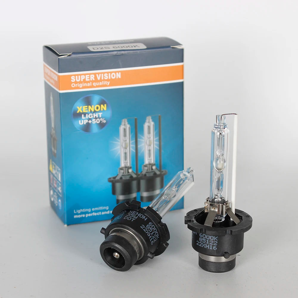 A box and a single xenon light bulb are shown for a high-performance HID bulb set.