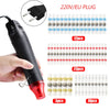 A black heat shrink wire terminal tool is shown with various quantities of blue, red, and clear plastic tips for soldering wo