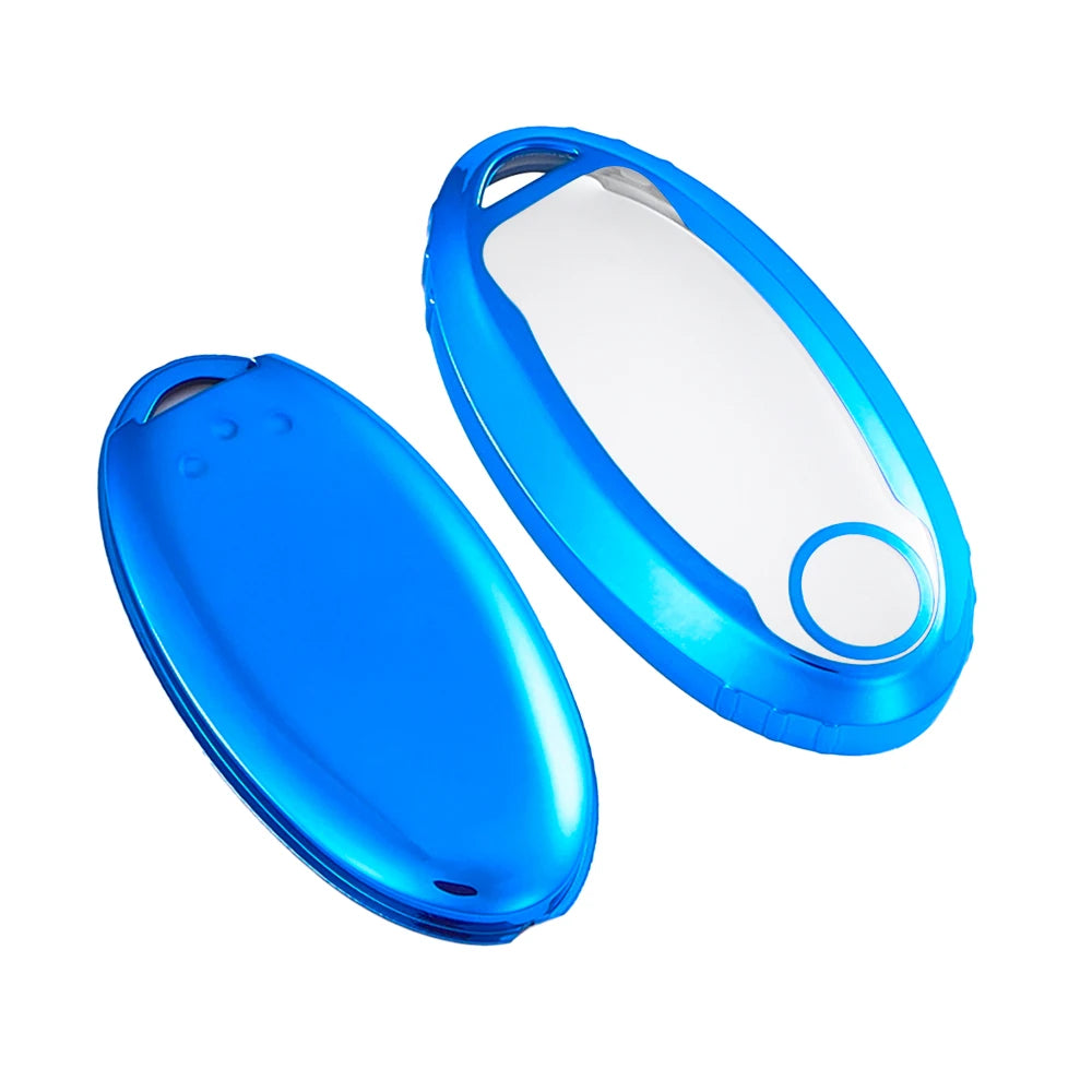 A blue silicone cover for a universal car key fob, shown open and closed.