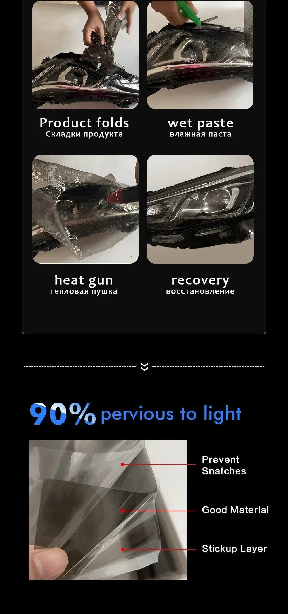 A close-up view of a car headlight with a clear tint film applied, showing the material and stickup layer.