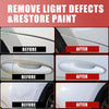 Before and after images showing the removal of light defects and restoration of paint on a car surface.